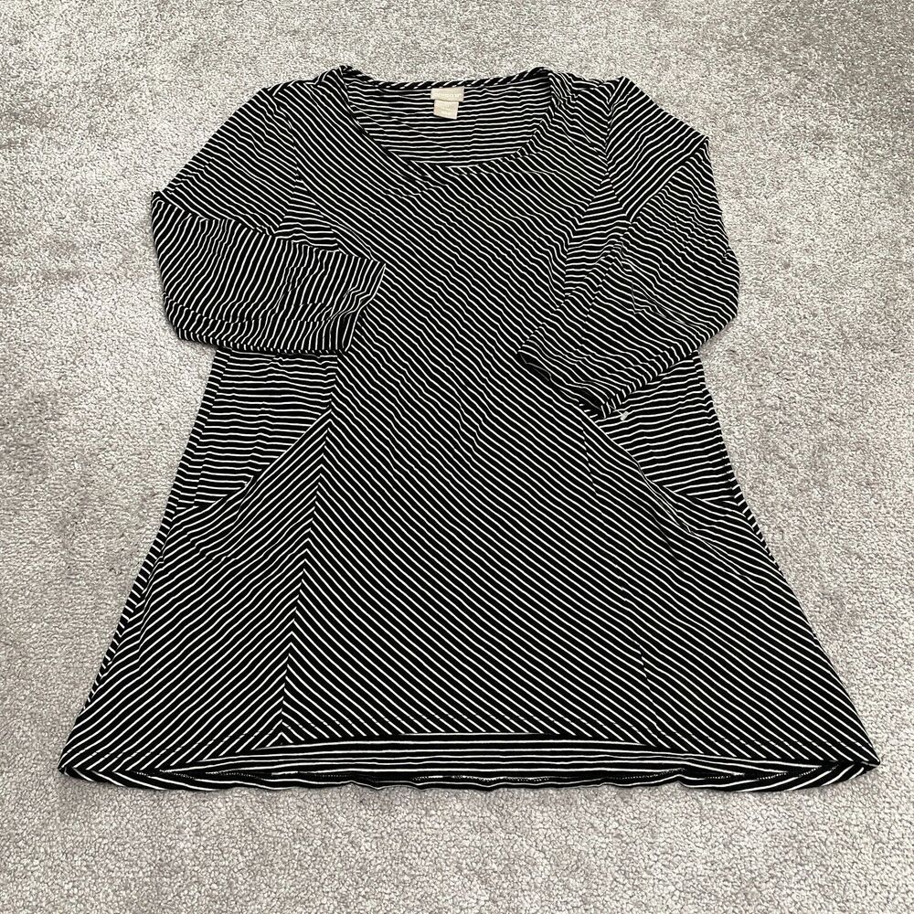 Chico's Shift T-Shirt Dress Womens 0 Black White Striped Long Sleeve Pockets